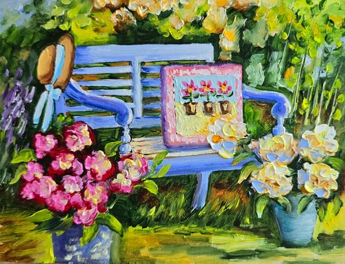 Garten bank ölbild - 20x15, cm